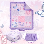 Cloele Crib Bedding Set for Girls 3 Pieces Butterfly Standard Size Baby Bedding Set - Nursery Bedding Set Includes Comforter Fitted Sheet Crib Skirt - Floral Baby Girls Crib Set,Purple