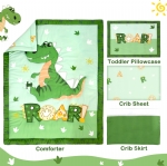 Cloele Crib Bedding Set for Boys,4 Piece Dinosaur Baby Bedding Set,Standard Size Toddler Nursery Bedding Includes Comforter,Crib Skirt,Fitted Sheet&Pillowcase,Soft Dinosaur Blanket-Green
